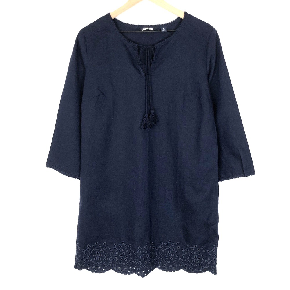 NWOT LANDS' END Linen Cotton Tunic Cover Up Women's S Blue Eyelet Hem Tassel Tie